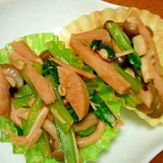 小松菜とハムのケチャップ炒め